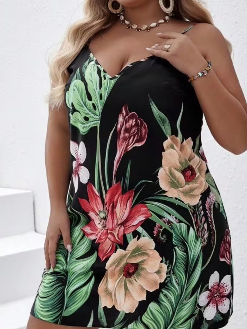 SHEIN Black Floral Mini Dress with Green Leaves and Pink Blooms